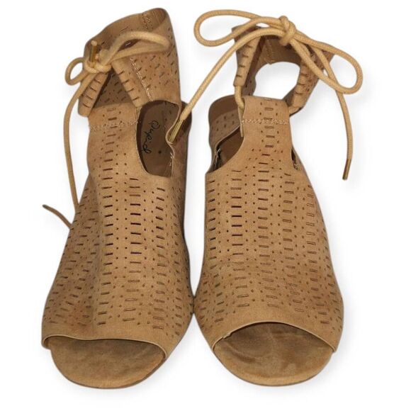 QUPID TAN OPEN TOE BLOCK HEELS BOOTIES SZ.7.5 EUC. - Picture 3 of 9